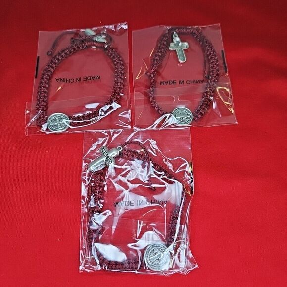 St. Benedict Blessed Cross Dark Red Bracelet Adjustable String Silver Tone Metal - Picture 5 of 5